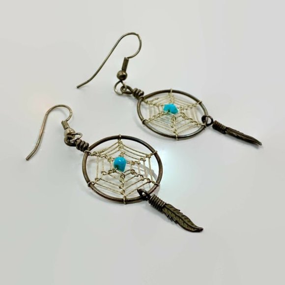 Jewelry - Turquoise Earrings, Dreamcatcher Earrings, Sterling Silver, Vintage, Dangle